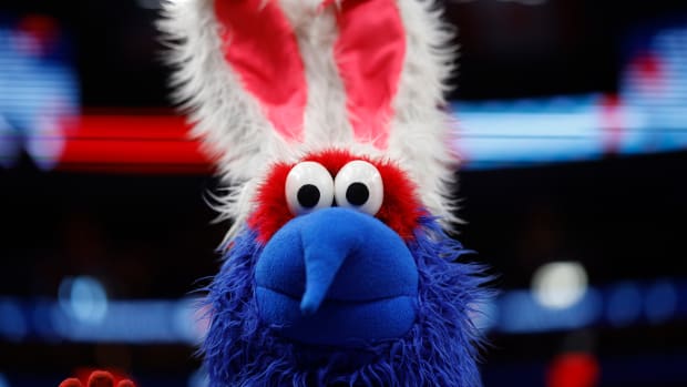 Washington Wizards mascot G Wiz stands on the court during a timeout against the Houston Rockets in the third quarter at Capital One Arena.